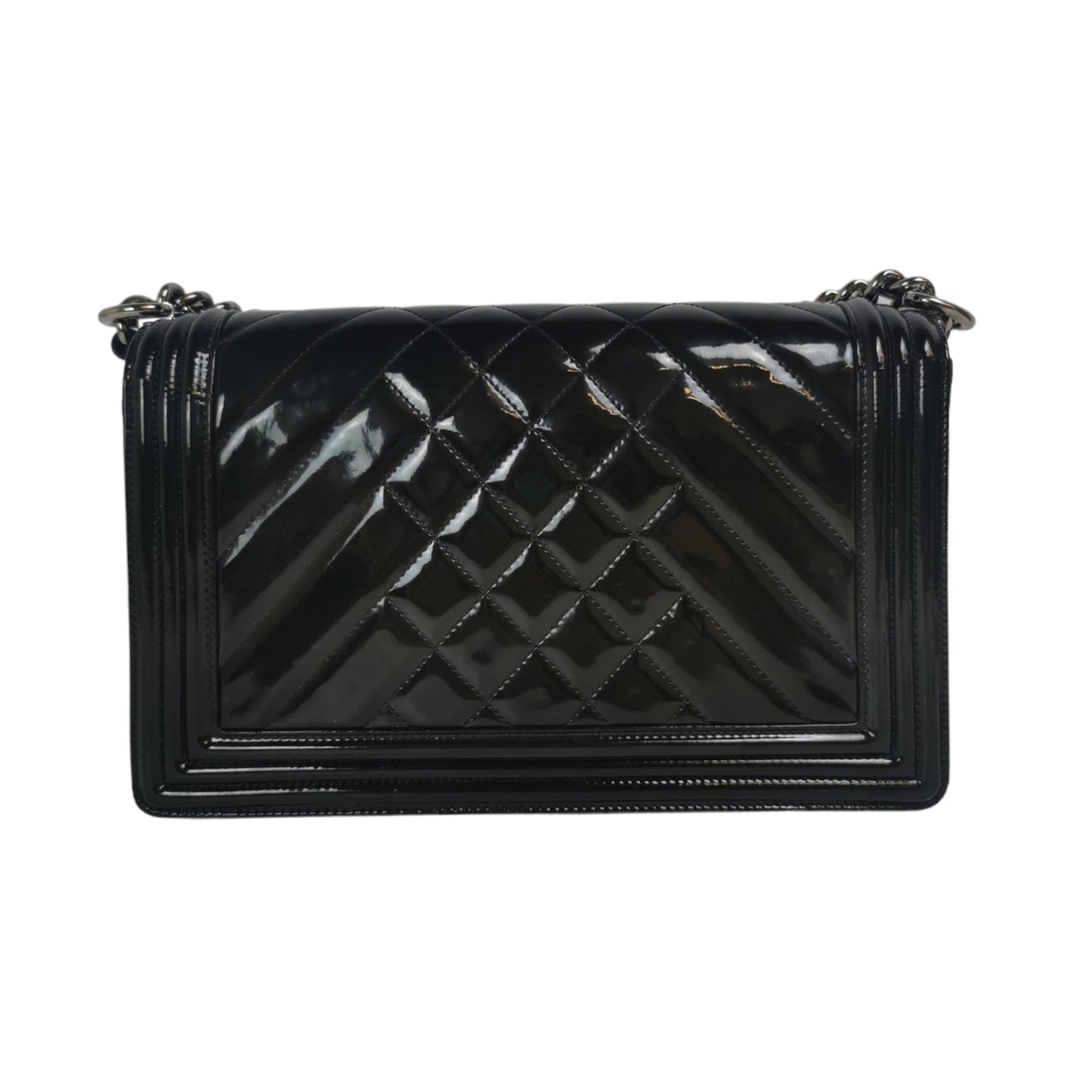 Chanel Boy Large Black Patent Leather Silver