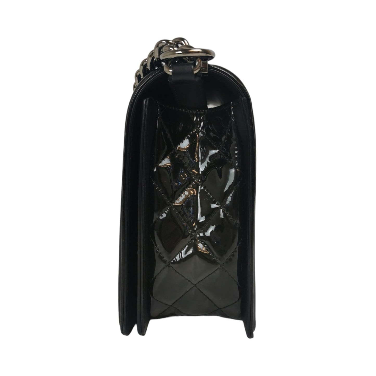 Chanel Boy Large Black Patent Leather Silver