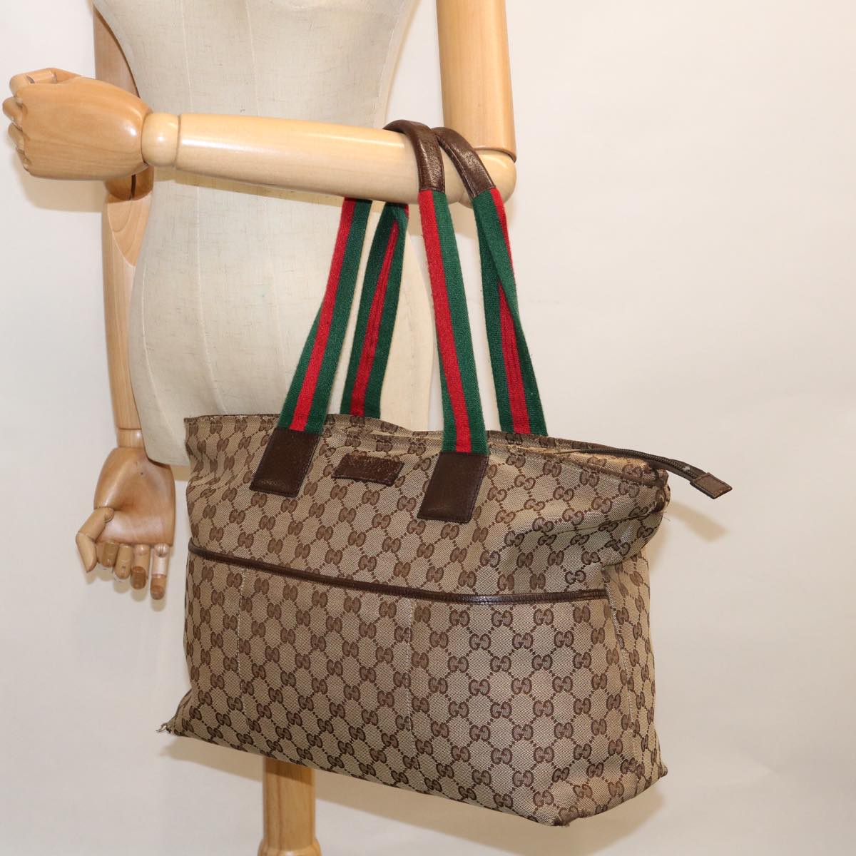 GUCCI GG Canvas Web Sherry Line Mothers Bag Tote Bag Beige Red 155524 tb937
