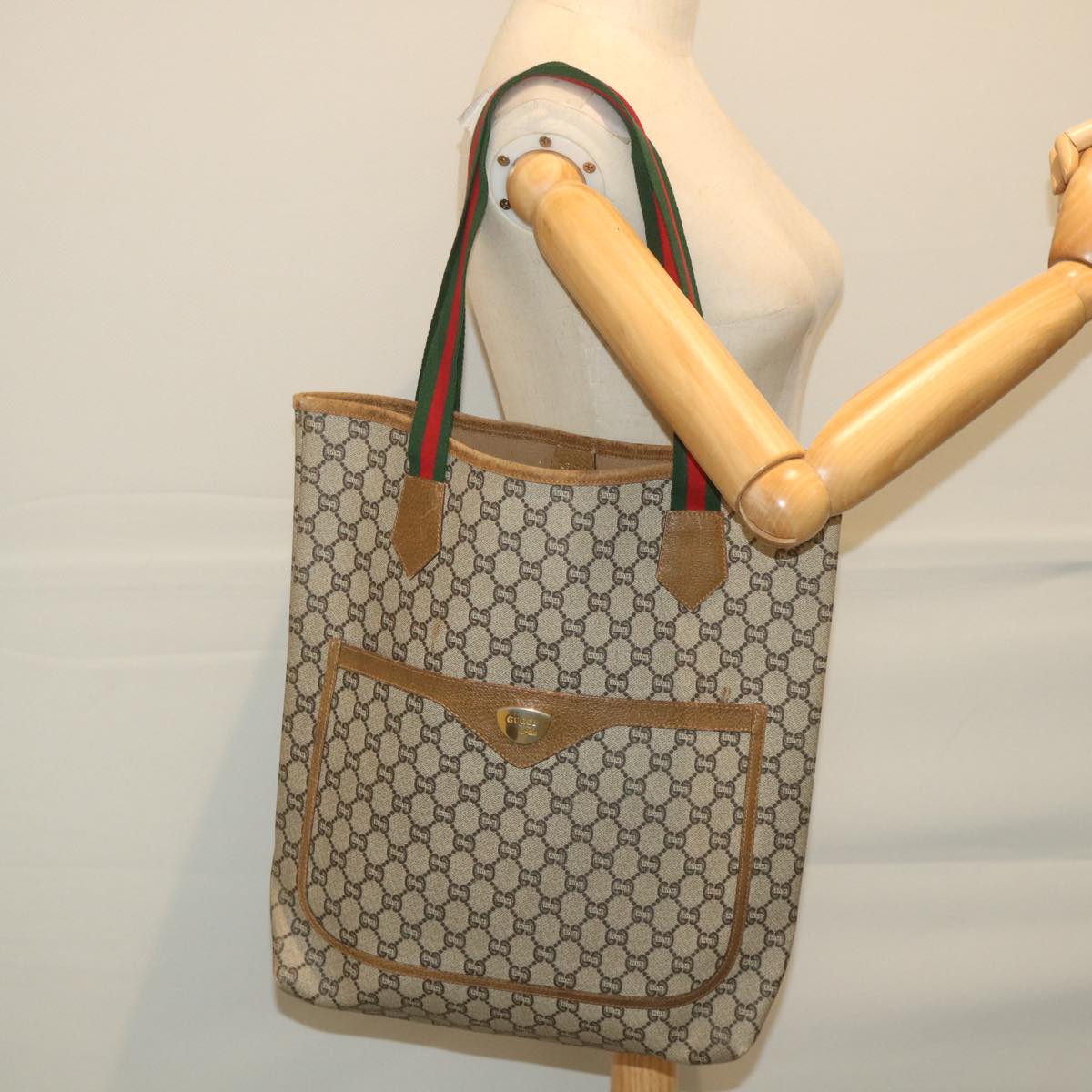 GUCCI GG Plus Supreme Web Sherry Line Tote Bag Beige Red Green th4245