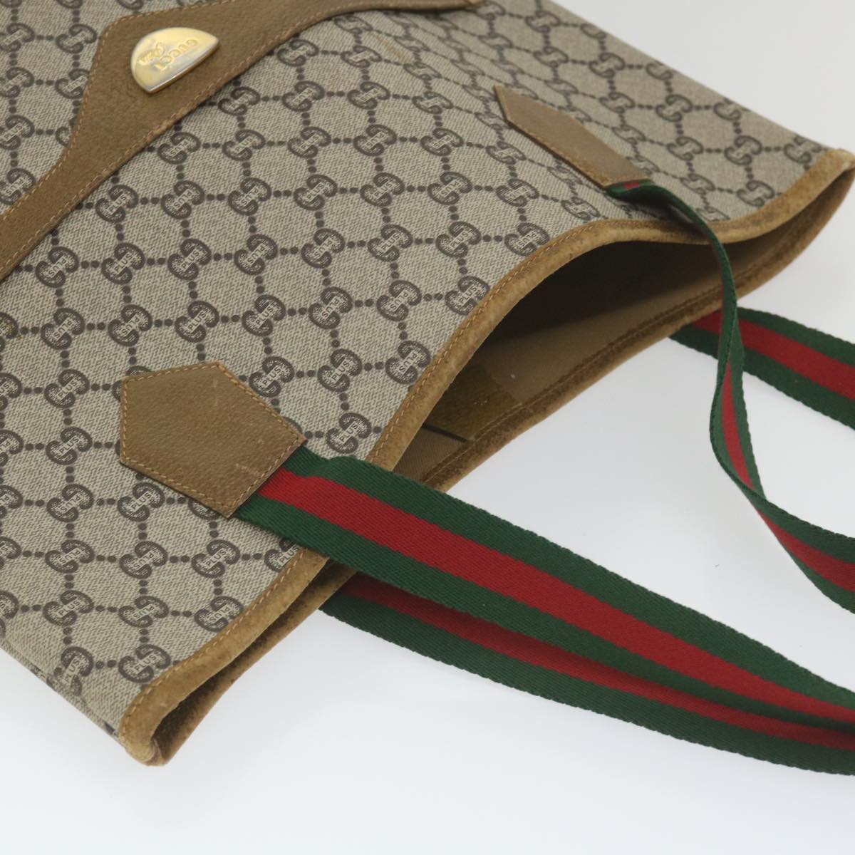 GUCCI GG Plus Supreme Web Sherry Line Tote Bag Beige Red Green th4245