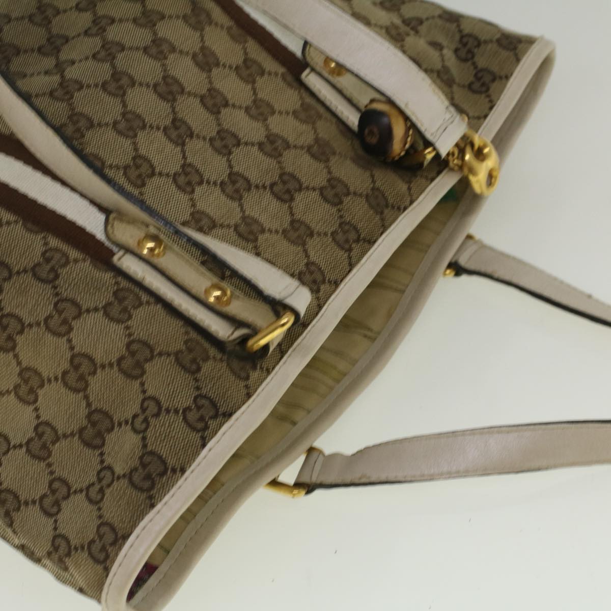 GUCCI GG Canvas Sherry Line Bamboo Tote Bag Canvas Beige 137396 th4311