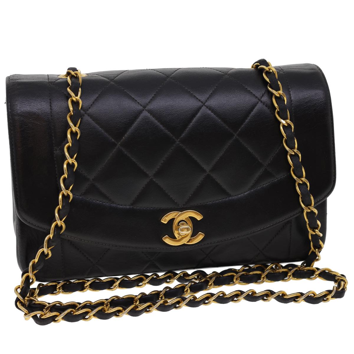CHANEL Chain Turn Lock Diana Matelasse Shoulder Bag Lamb Skin Black 28470A