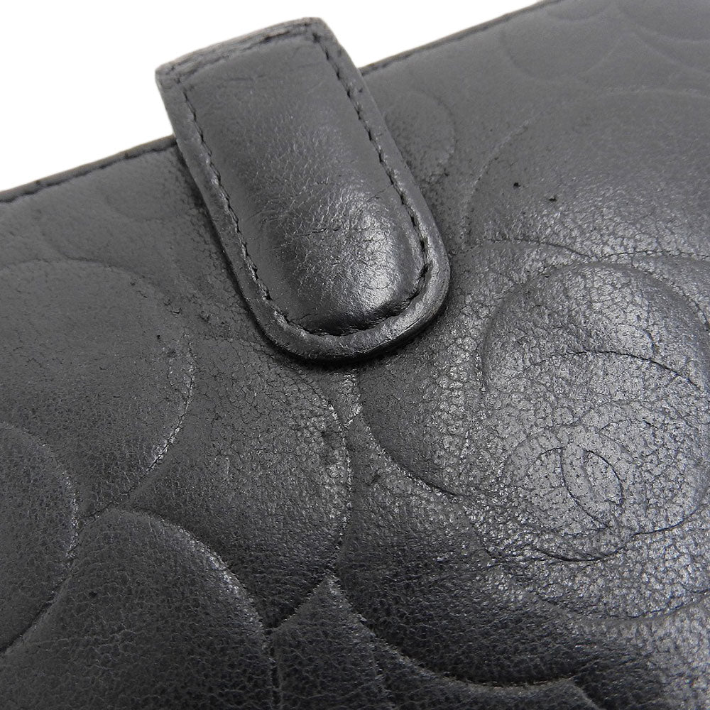 Chanel Camellia Double Flap Leather Wallet Black A47422