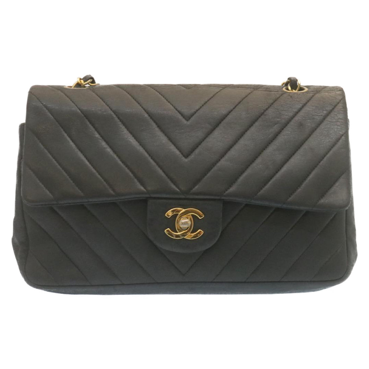 CHANEL Mademoiselle Turn Lock Flap Shoulder Bag Lamb Skin Black CC ai677A