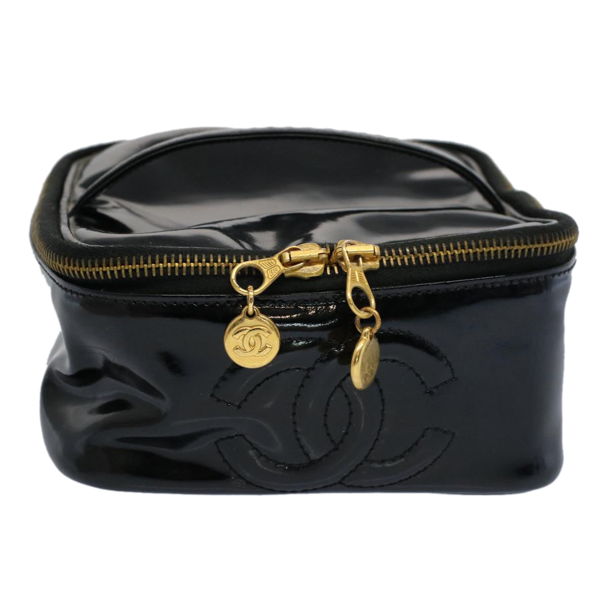 CHANEL Vanity Cosmetic Pouch Patent leather Black CC yb378