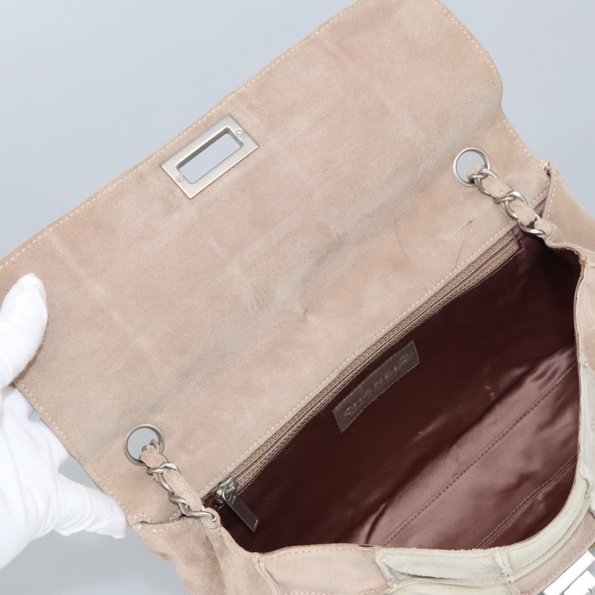 CHANEL Choco Bar Chain Shoulder Bag Suede Beige CC yb716