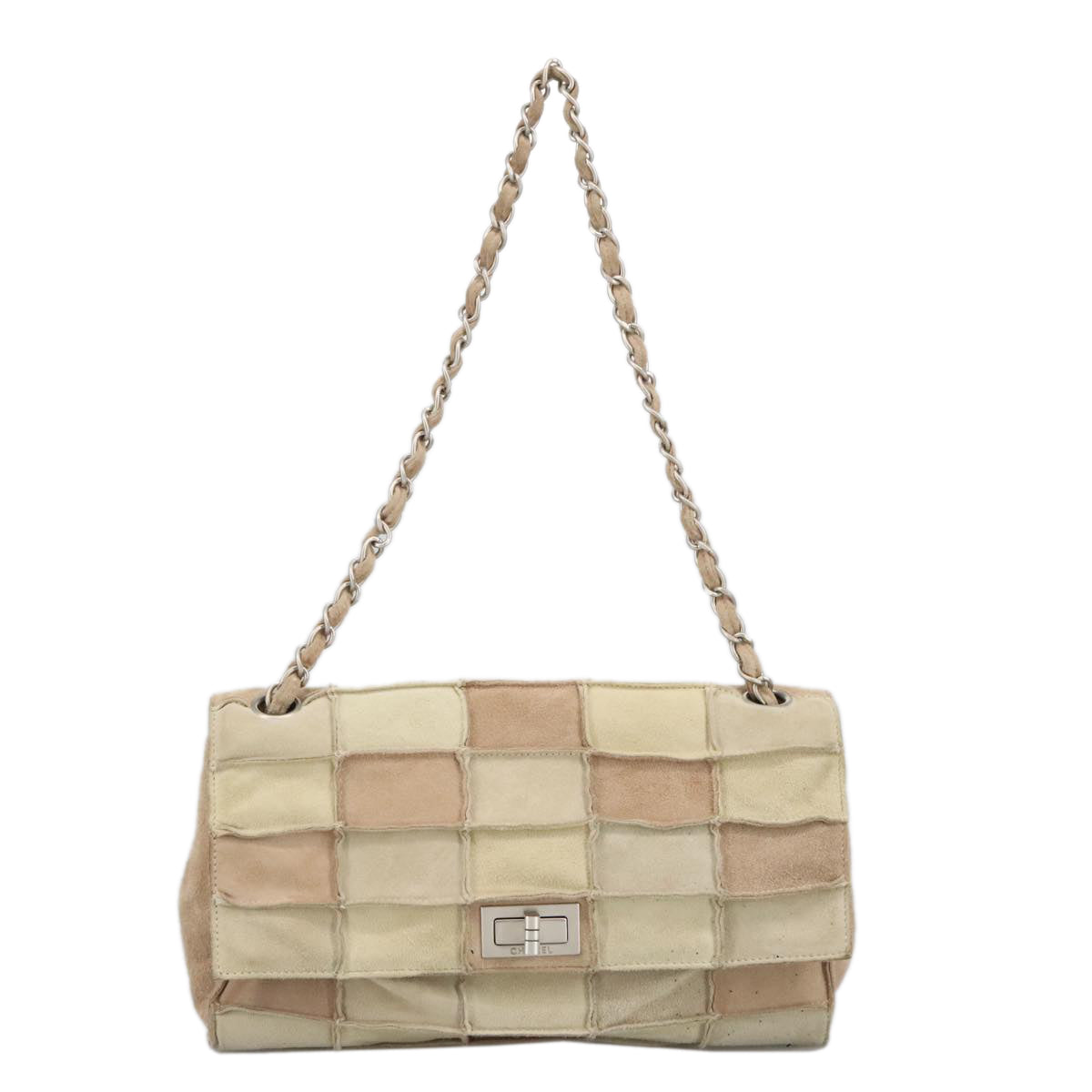 CHANEL Choco Bar Chain Shoulder Bag Suede Beige CC yb716