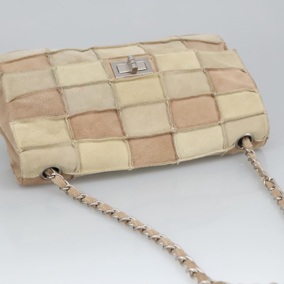 CHANEL Choco Bar Chain Shoulder Bag Suede Beige CC yb716