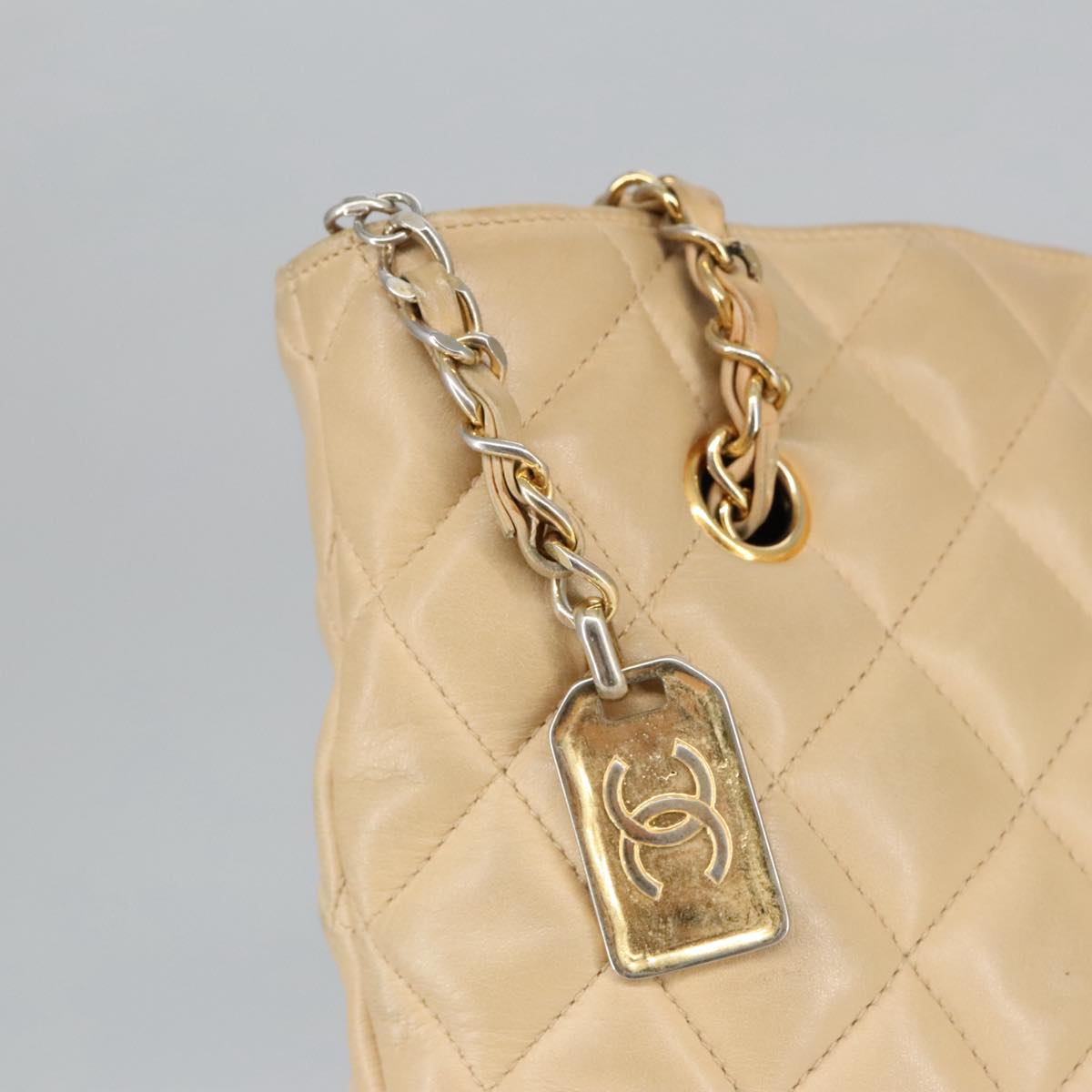 CHANEL Matelasse Chain Shoulder Bag Leather Beige CC yb718