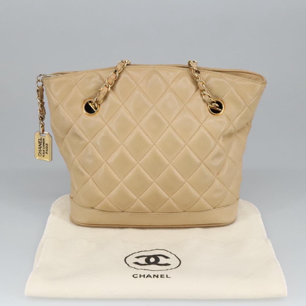 CHANEL Matelasse Chain Shoulder Bag Leather Beige CC yb718