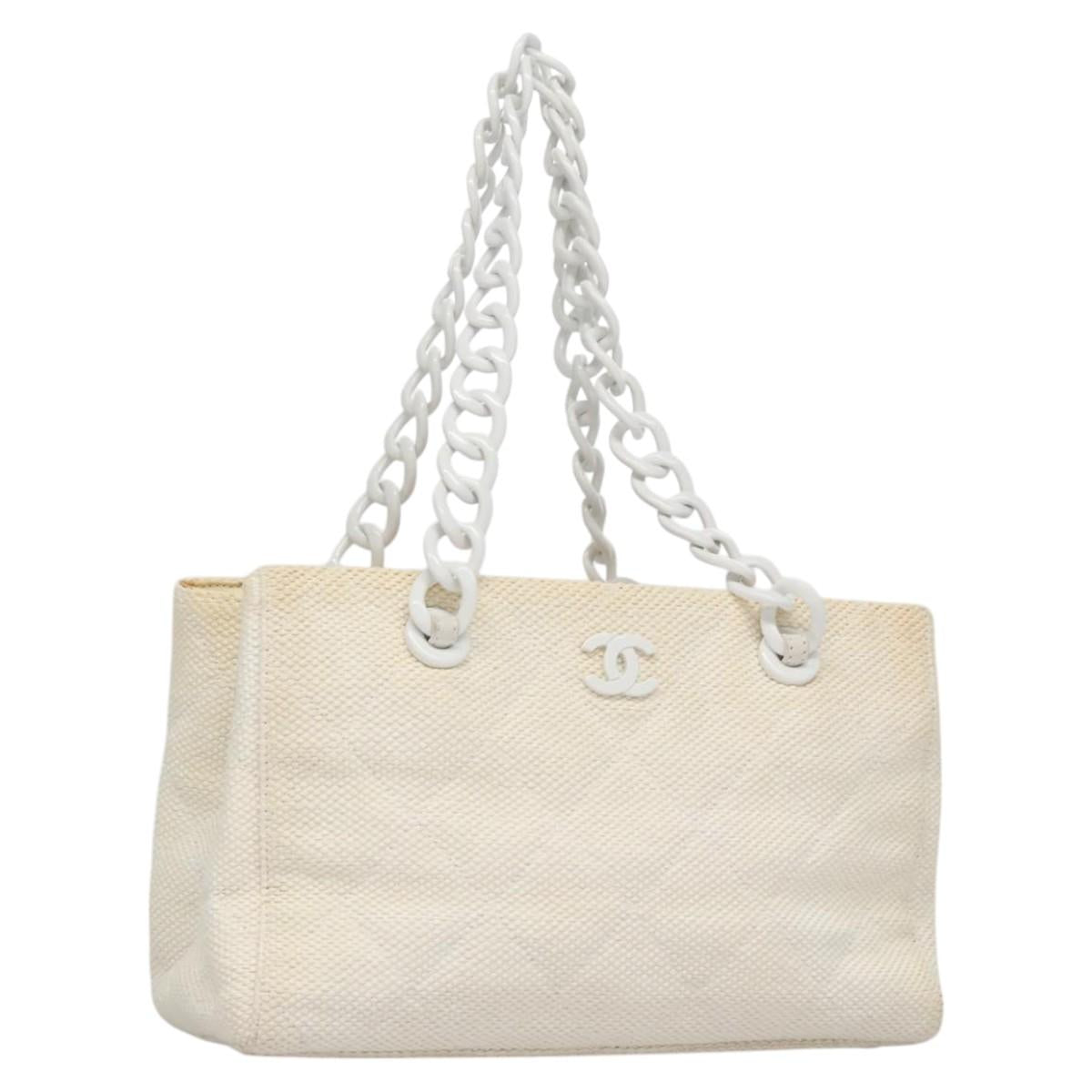 CHANEL Matelasse Chain Tote Bag Raffia White CC yb722