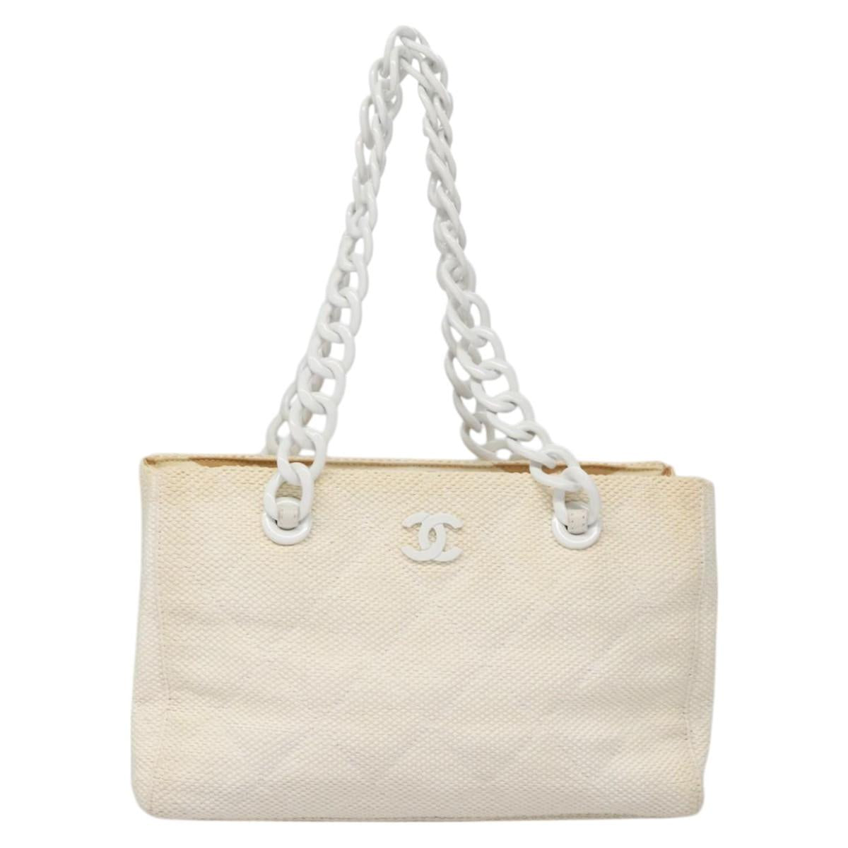 CHANEL Matelasse Chain Tote Bag Raffia White CC yb722