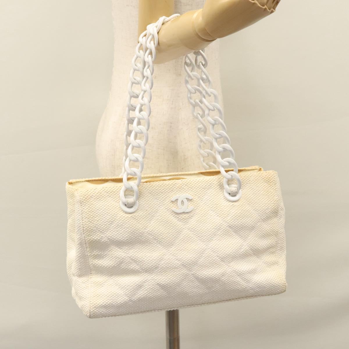 CHANEL Matelasse Chain Tote Bag Raffia White CC yb722
