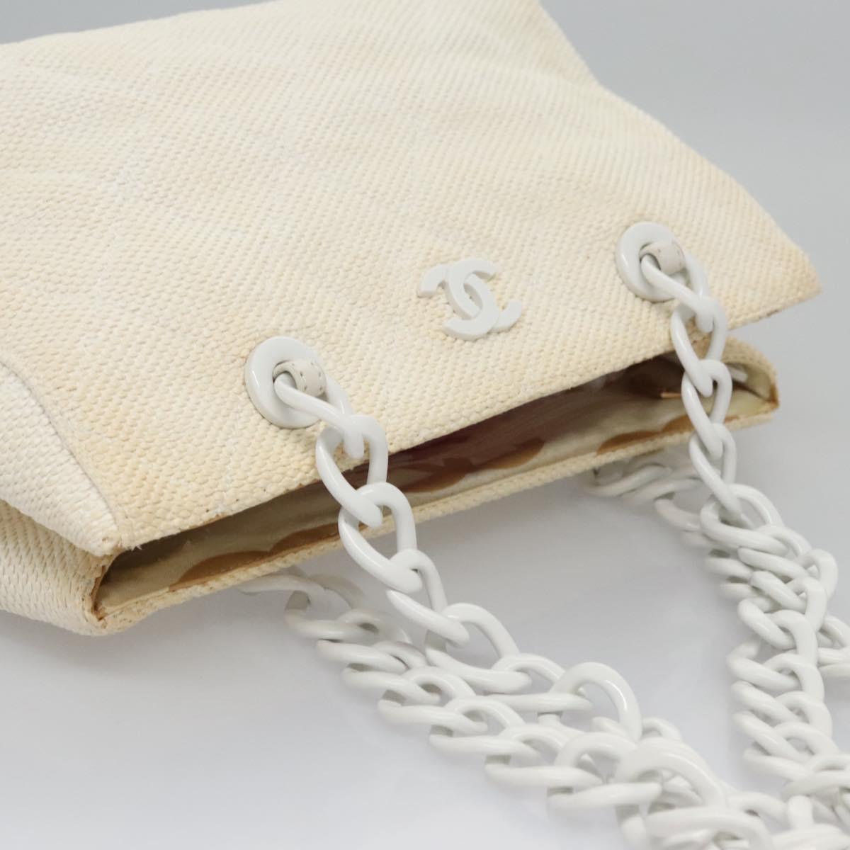 CHANEL Matelasse Chain Tote Bag Raffia White CC yb722
