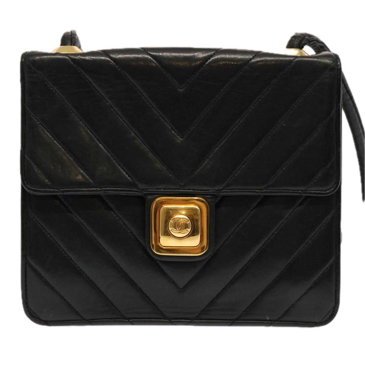 CHANEL V Stitch Shoulder Bag Lamb Skin Black CC yk11681