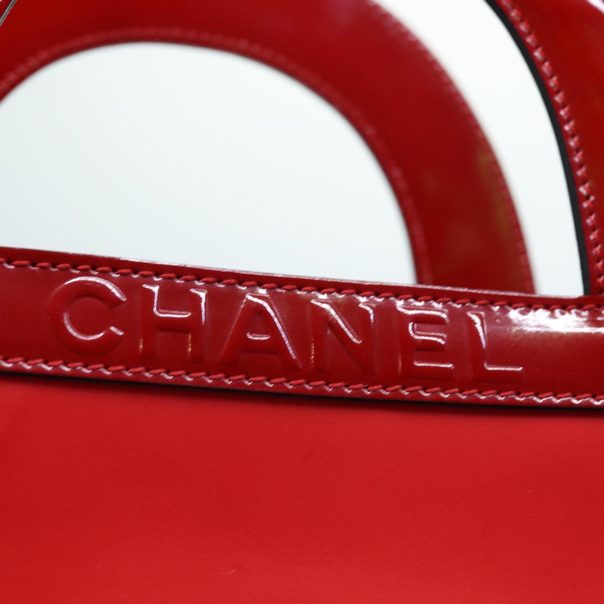 CHANEL Mademoiselle Hand Bag Enamel Leather White Red CC yk12409A