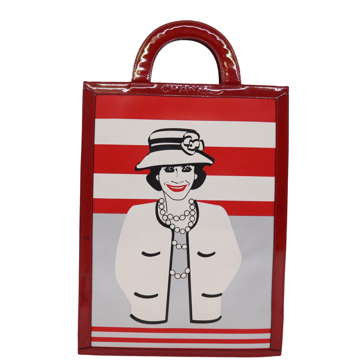 CHANEL Mademoiselle Hand Bag Enamel Leather White Red CC yk12409A
