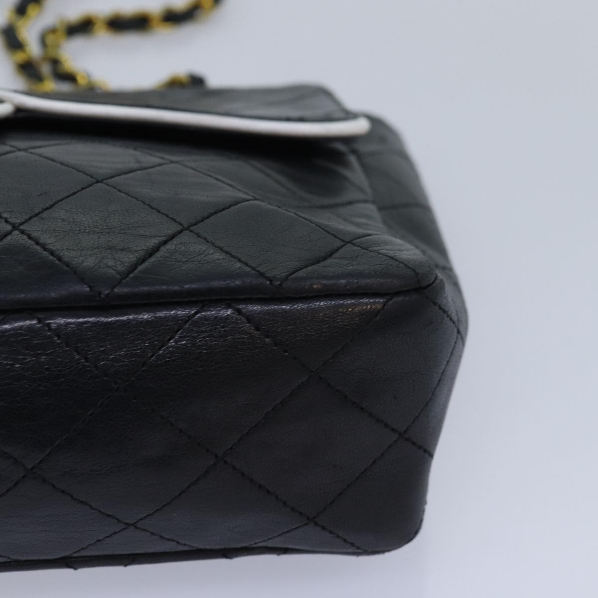 CHANEL Matelasse Turn Lock Chain Bag Lamb Skin Black White CC yk13824