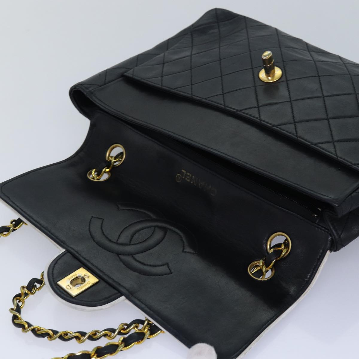 CHANEL Matelasse Turn Lock Chain Bag Lamb Skin Black White CC yk13824