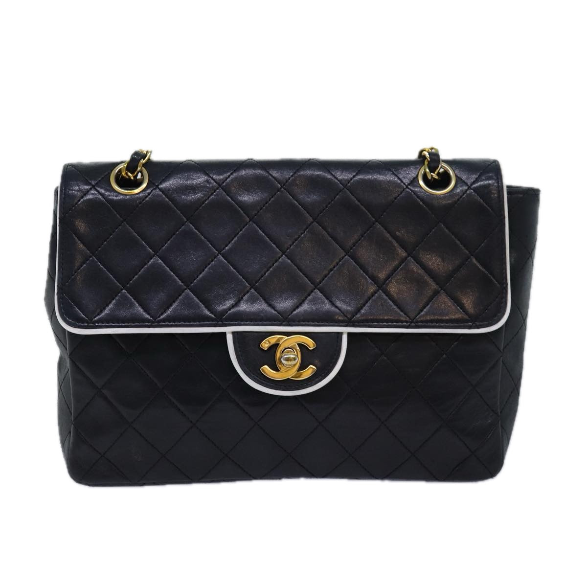 CHANEL Matelasse Turn Lock Chain Bag Lamb Skin Black White CC yk13824