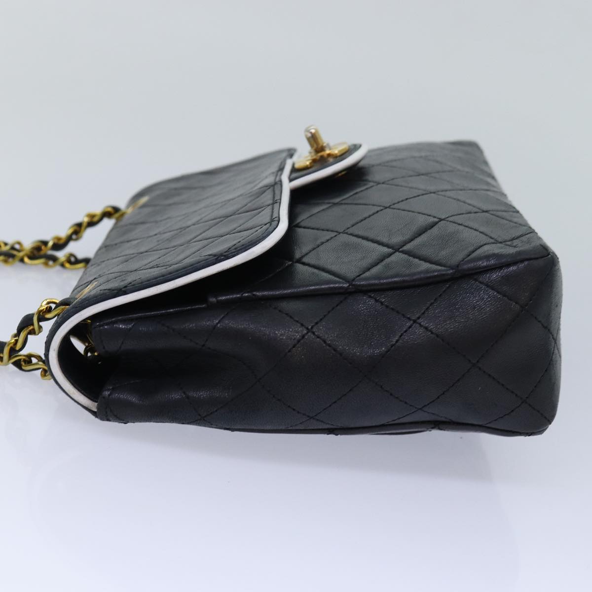 CHANEL Matelasse Turn Lock Chain Bag Lamb Skin Black White CC yk13824