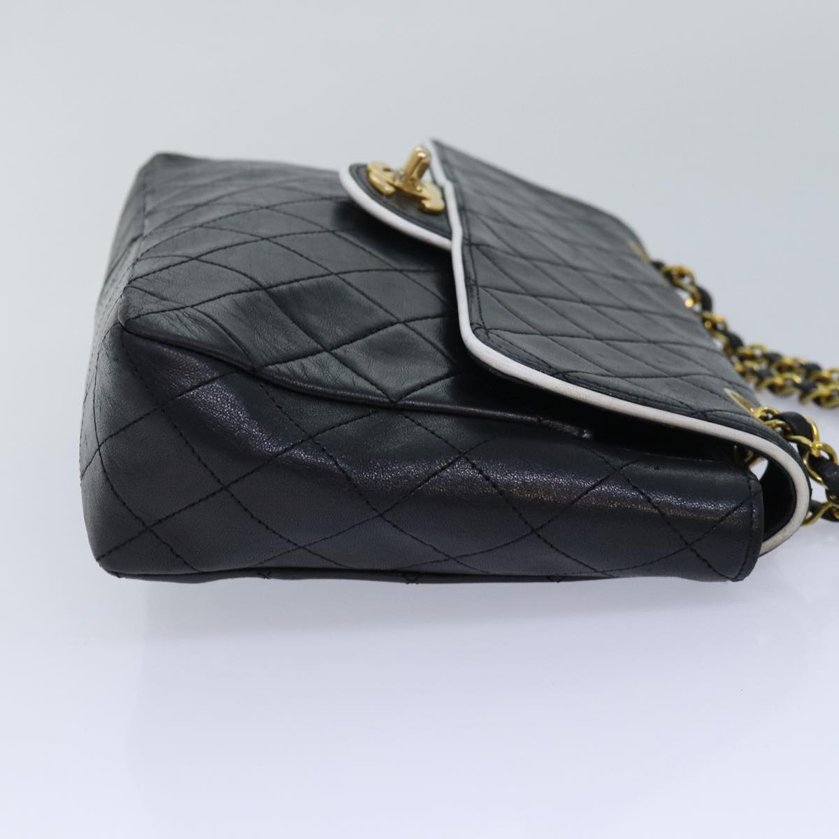 CHANEL Matelasse Turn Lock Chain Bag Lamb Skin Black White CC yk13824