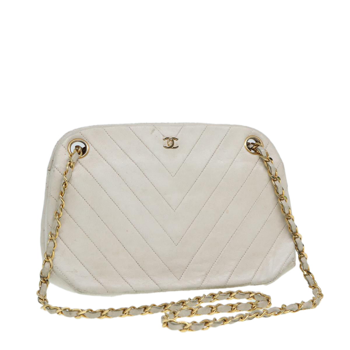 CHANEL V Stitch Chain Hand Bag Leather White CC yk14103