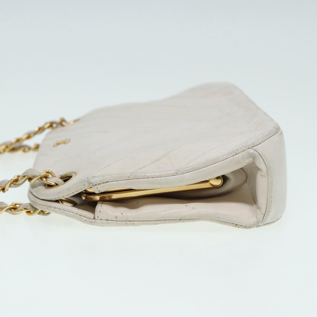 CHANEL V Stitch Chain Hand Bag Leather White CC yk14103