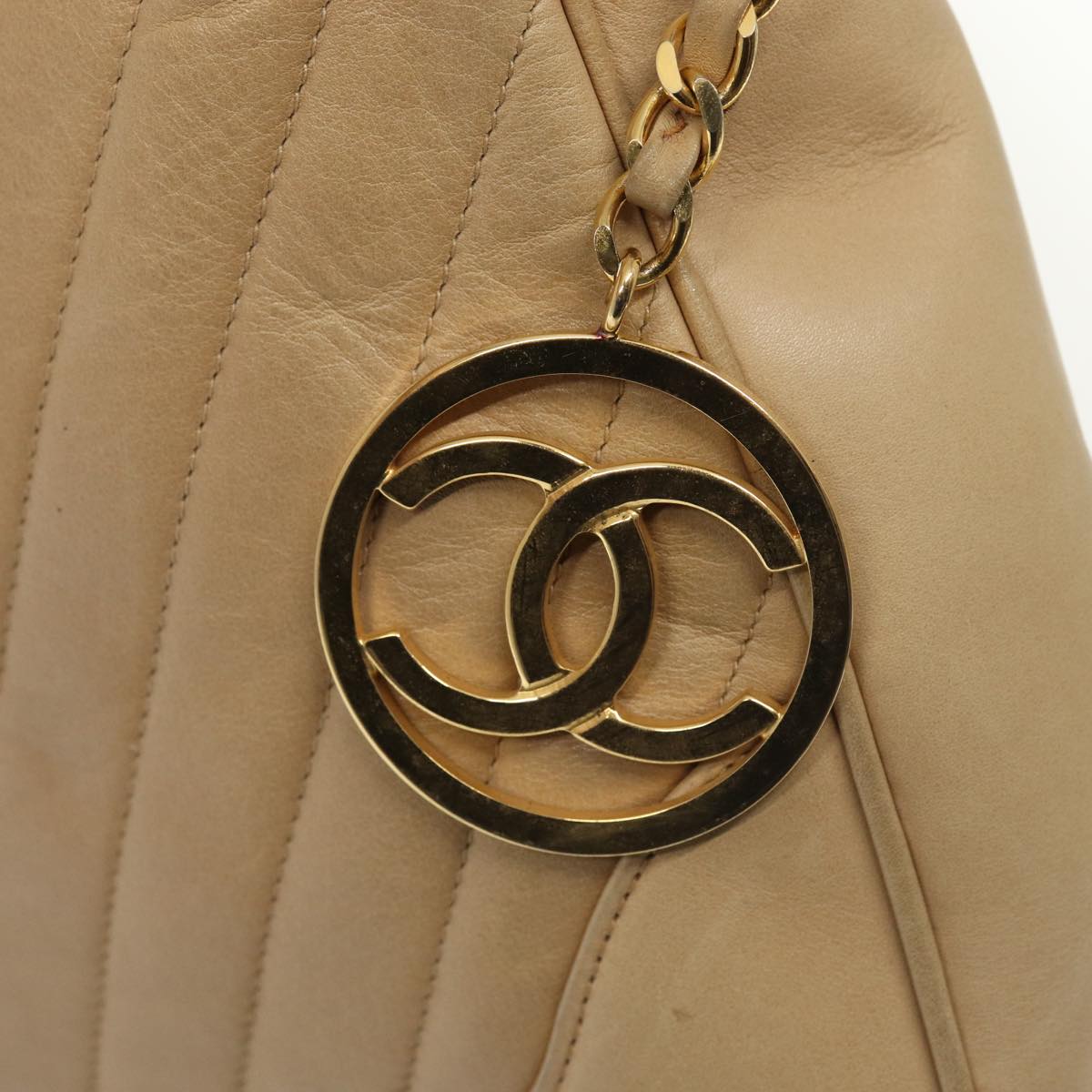 CHANEL V Stitch Hand Bag Leather 2way Beige Gold CC yk14320