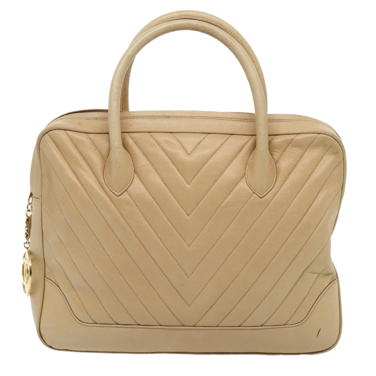 CHANEL V Stitch Hand Bag Leather 2way Beige Gold CC yk14320