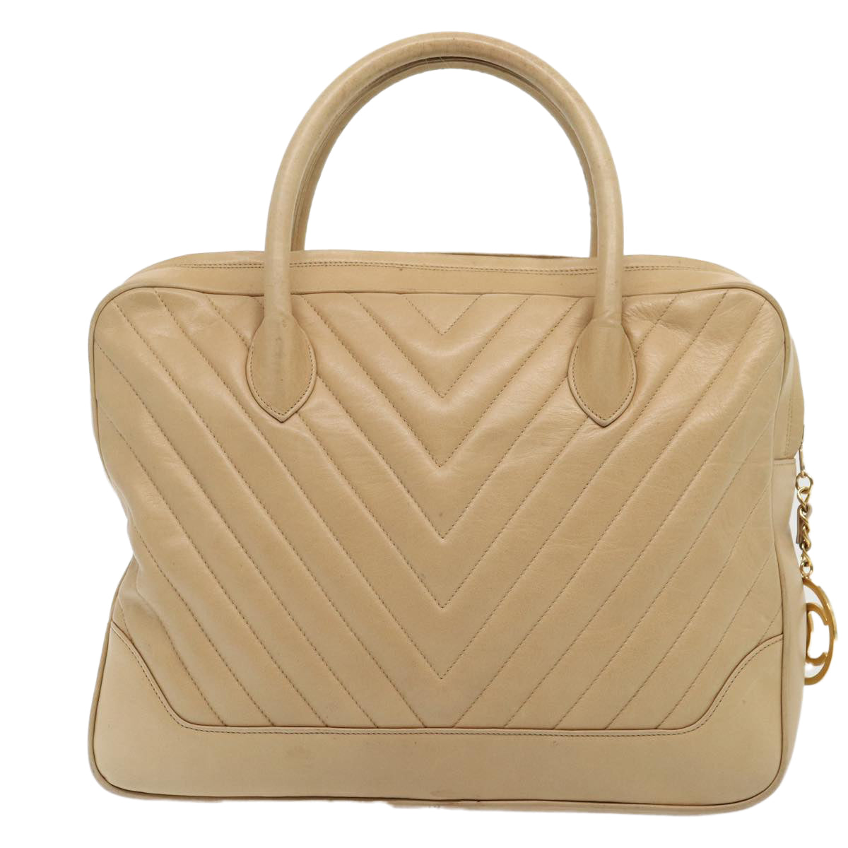 CHANEL V Stitch Hand Bag Leather 2way Beige Gold CC yk14320