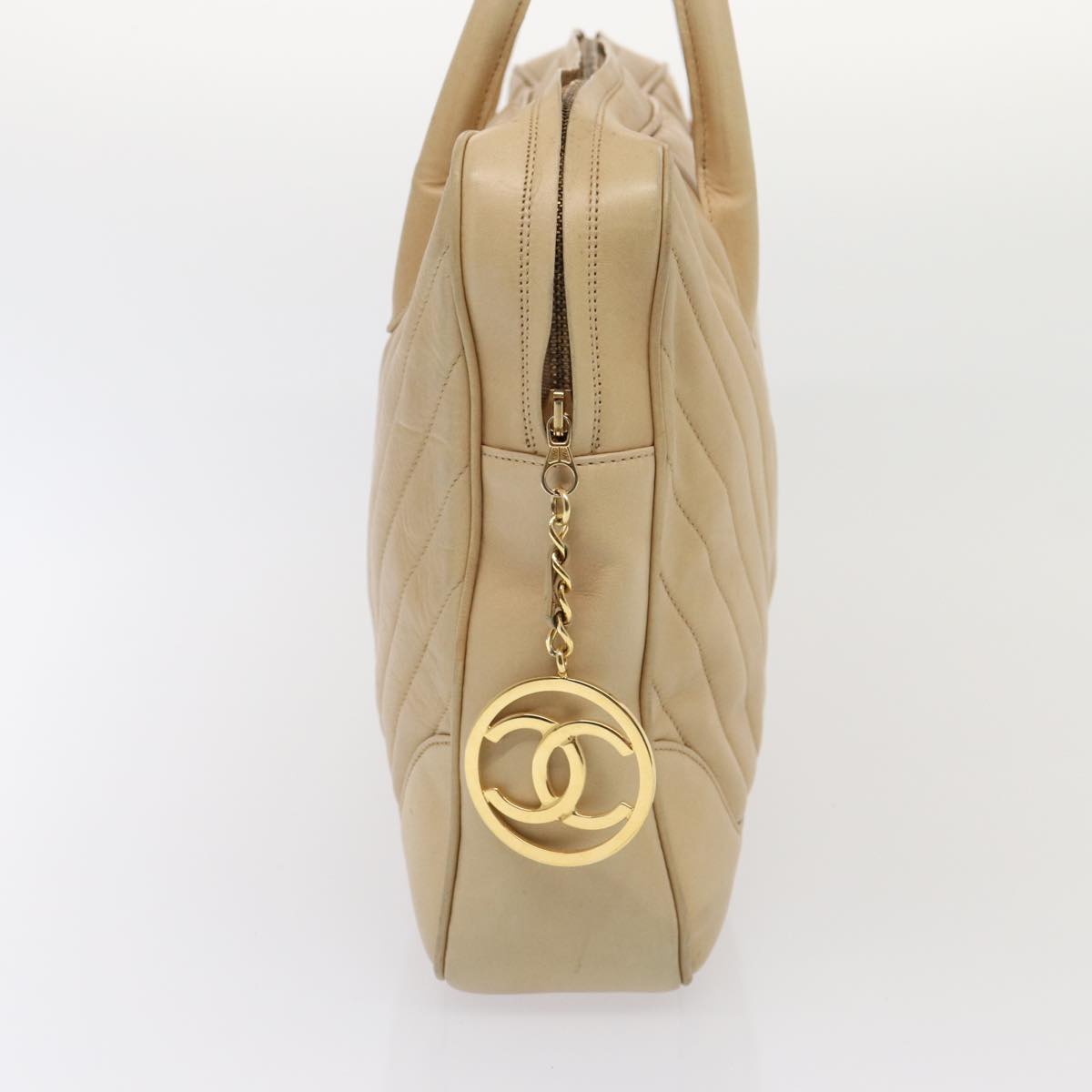 CHANEL V Stitch Hand Bag Leather 2way Beige Gold CC yk14320