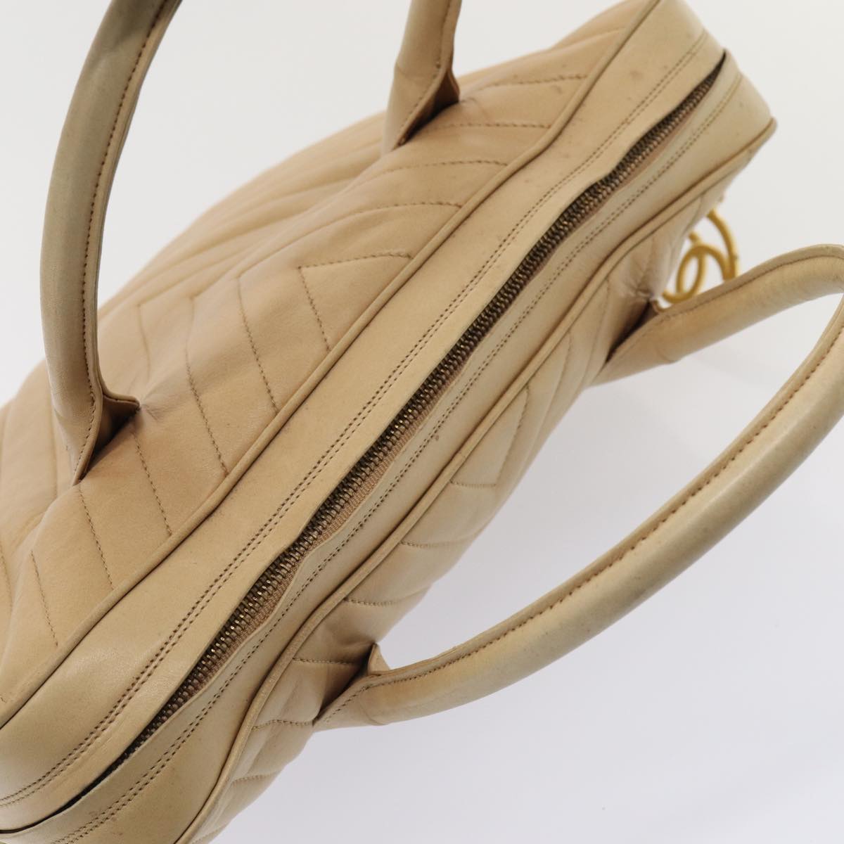 CHANEL V Stitch Hand Bag Leather 2way Beige Gold CC yk14320