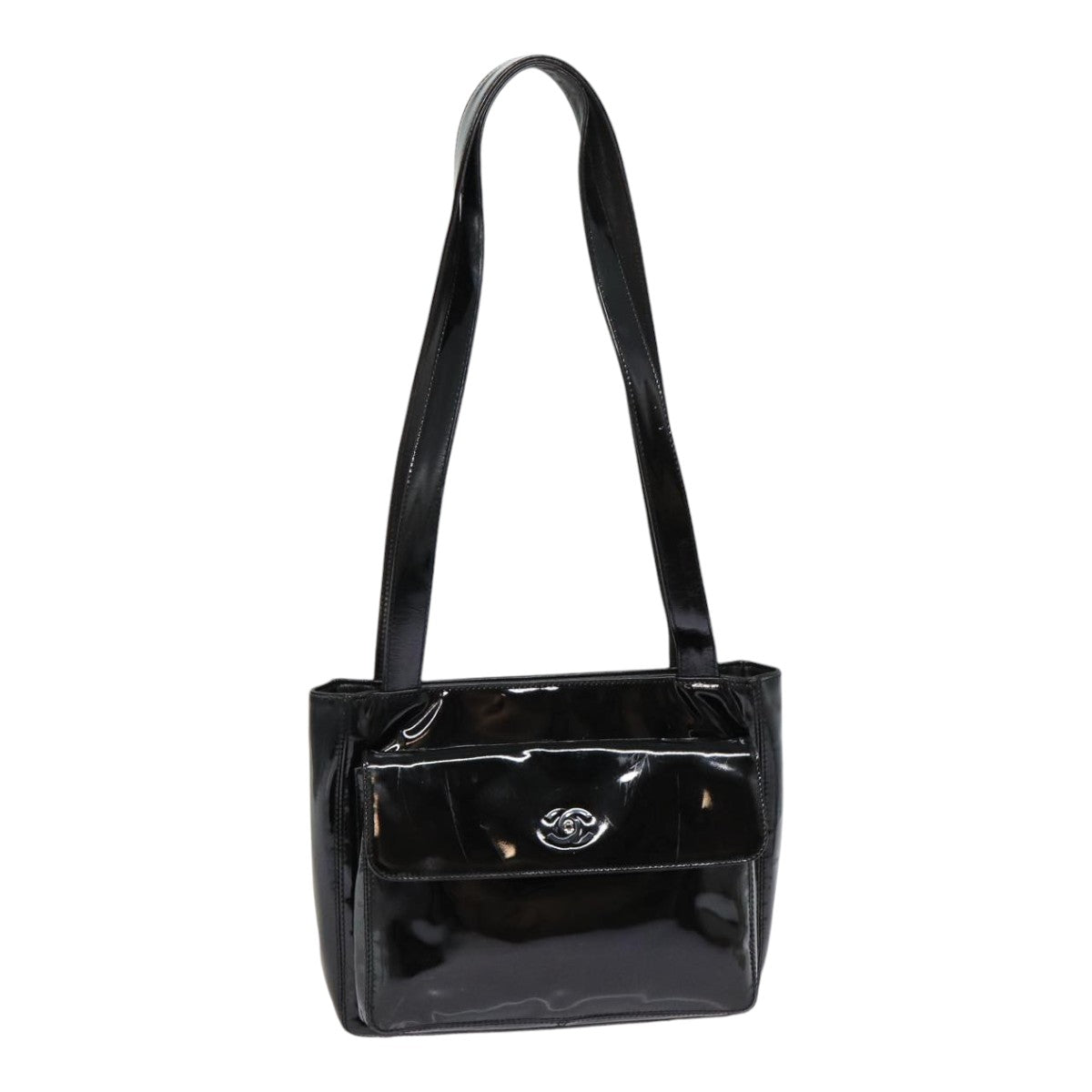 CHANEL COCO Mark Shoulder Bag Enamel Black Silver CC yk14331