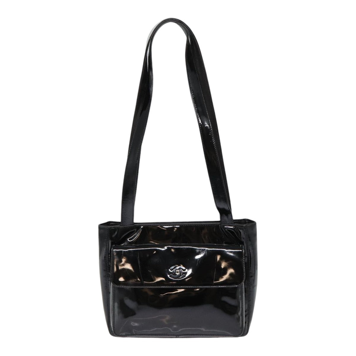 CHANEL COCO Mark Shoulder Bag Enamel Black Silver CC yk14331