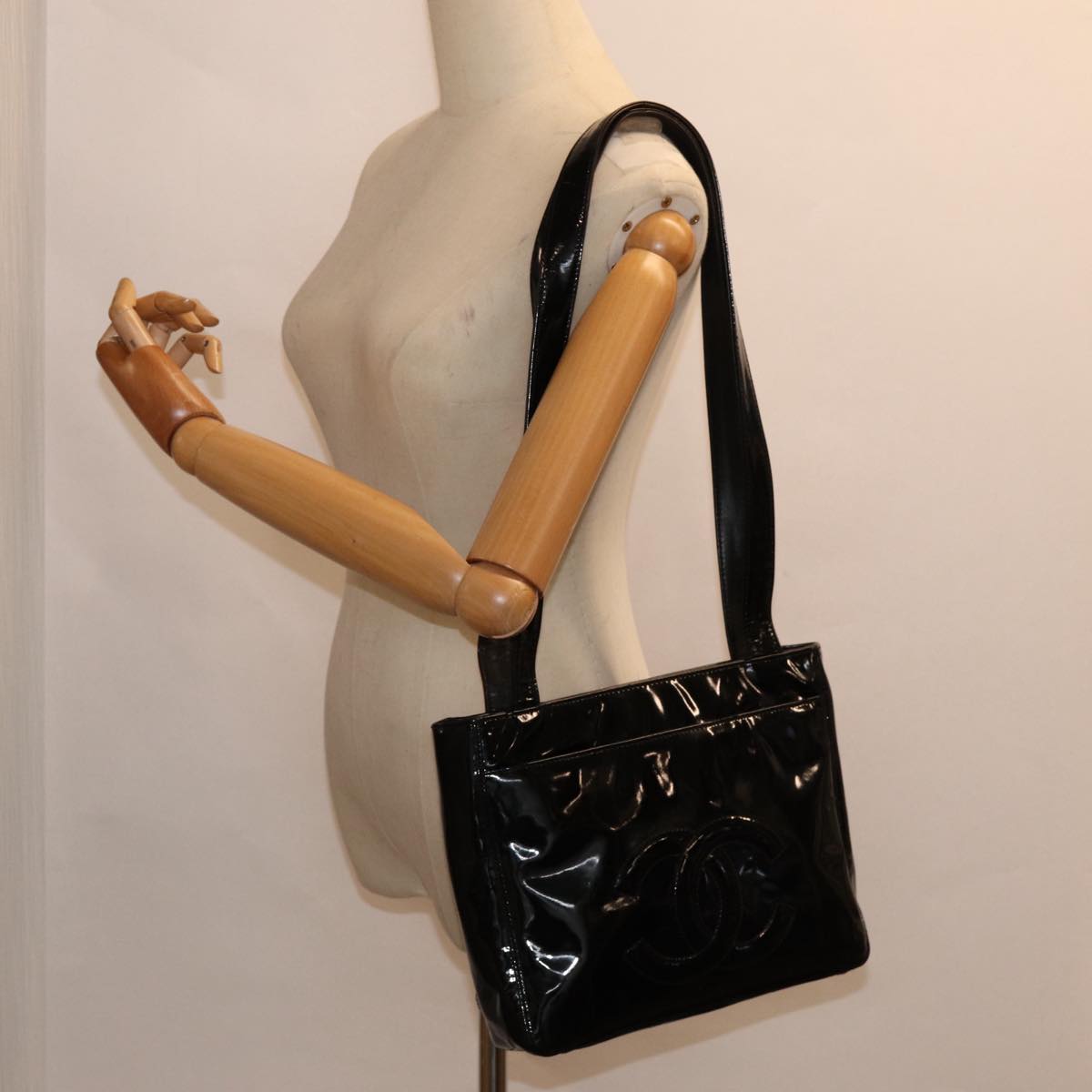 CHANEL COCO Mark Shoulder Bag Enamel Black Silver CC yk14331