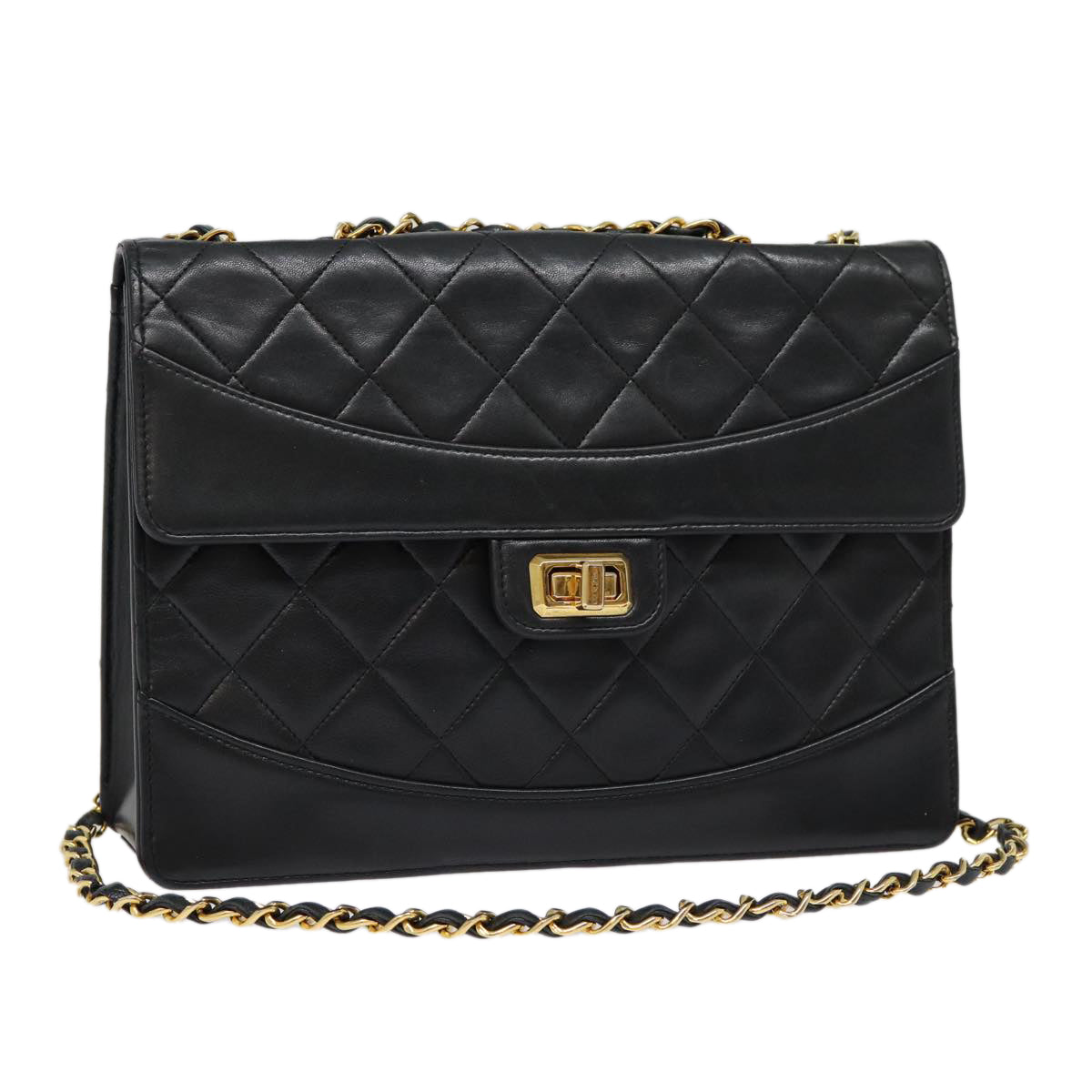CHANEL Matelasse Turn Lock Chain Hand Bag Lamb Skin Black Gold CC yk14333A