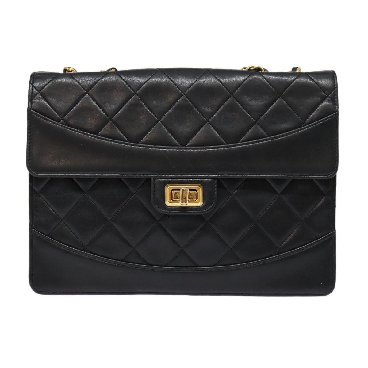 CHANEL Matelasse Turn Lock Chain Hand Bag Lamb Skin Black Gold CC yk14333A