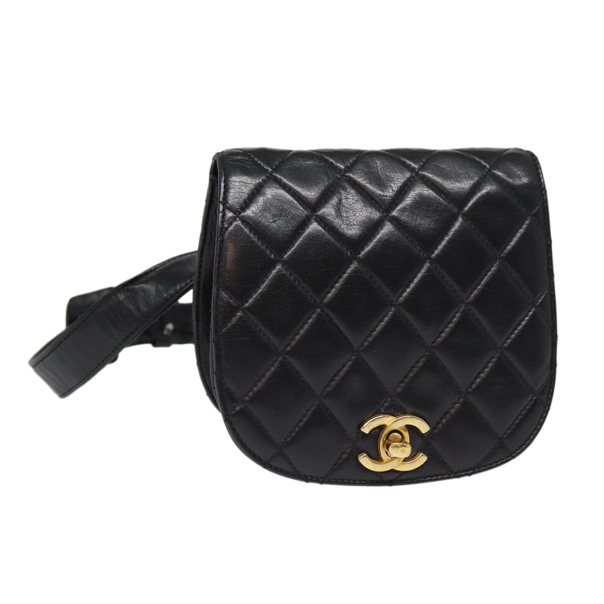 CHANEL Matelasse Turn Lock Waist bag Leather Black Gold CC yk14337