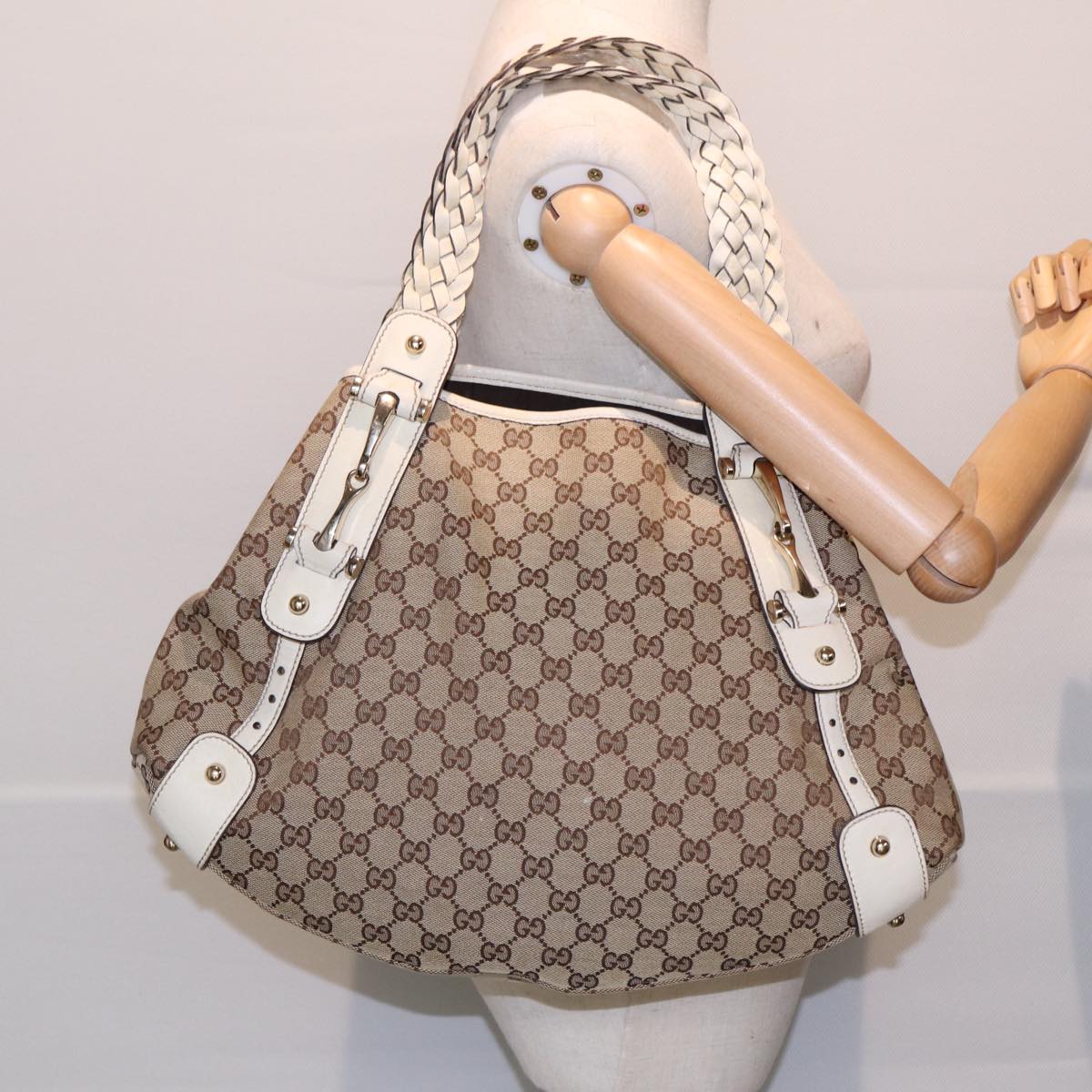 GUCCI GG Canvas Horsebit Tote Bag Beige Silver 137621 14424