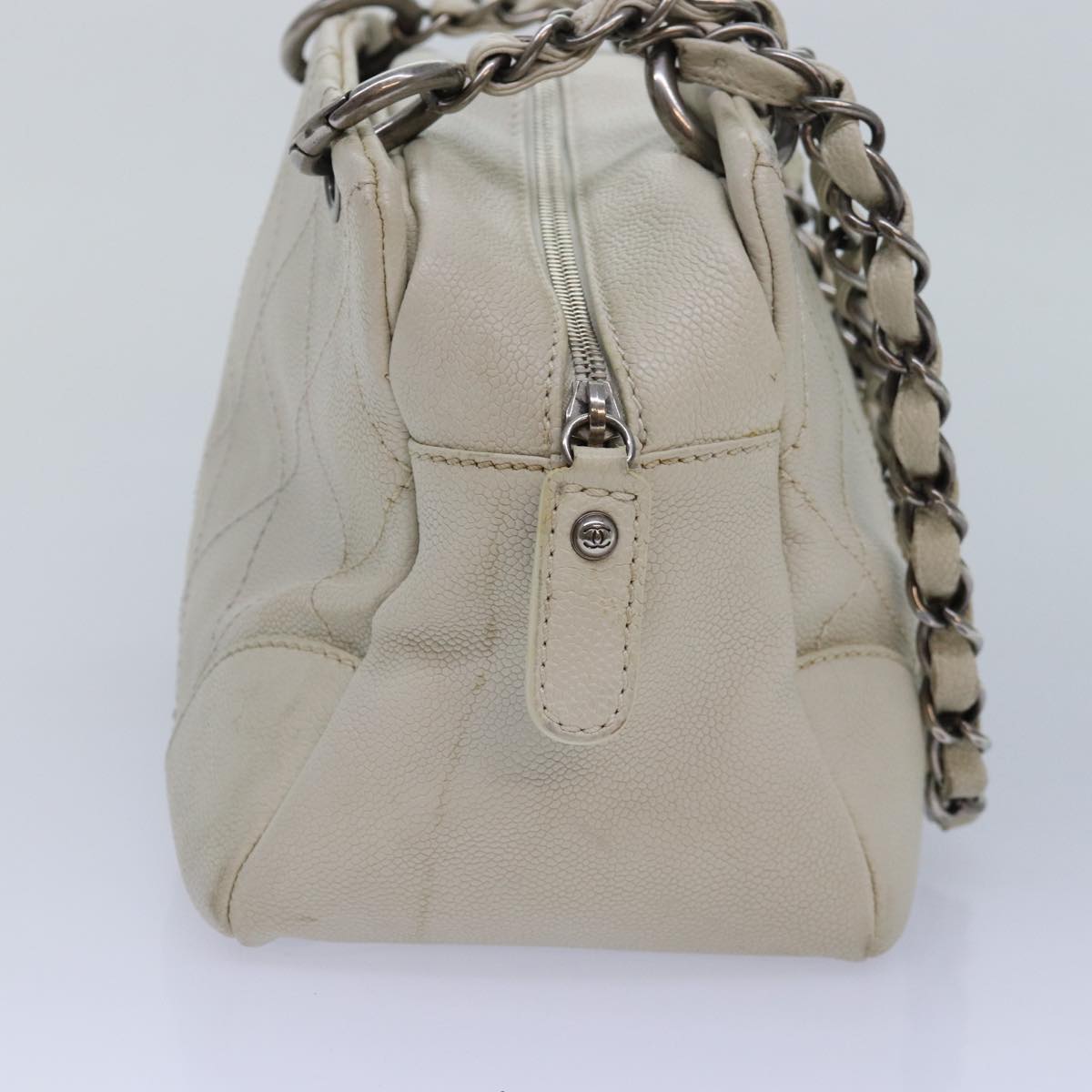 CHANEL Matelasse Chain Shoulder Bag Caviar Skin White Silver CC yk14601