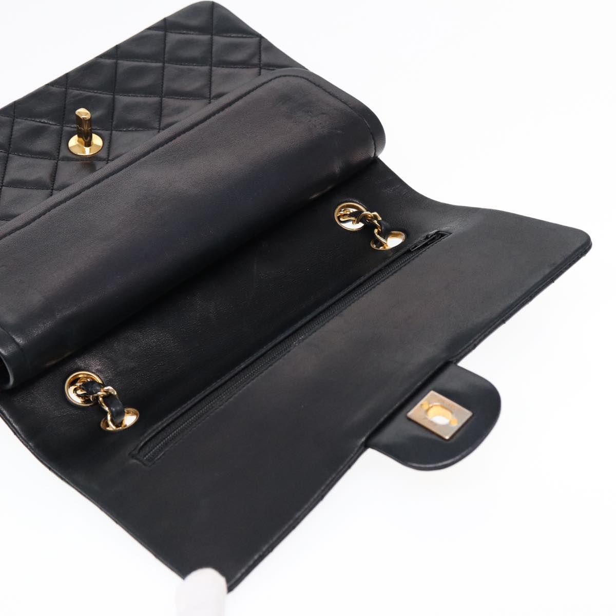 CHANEL Matelasse 25 Turn Lock Chain Bag Lamb Skin Black Gold CC yk14719A