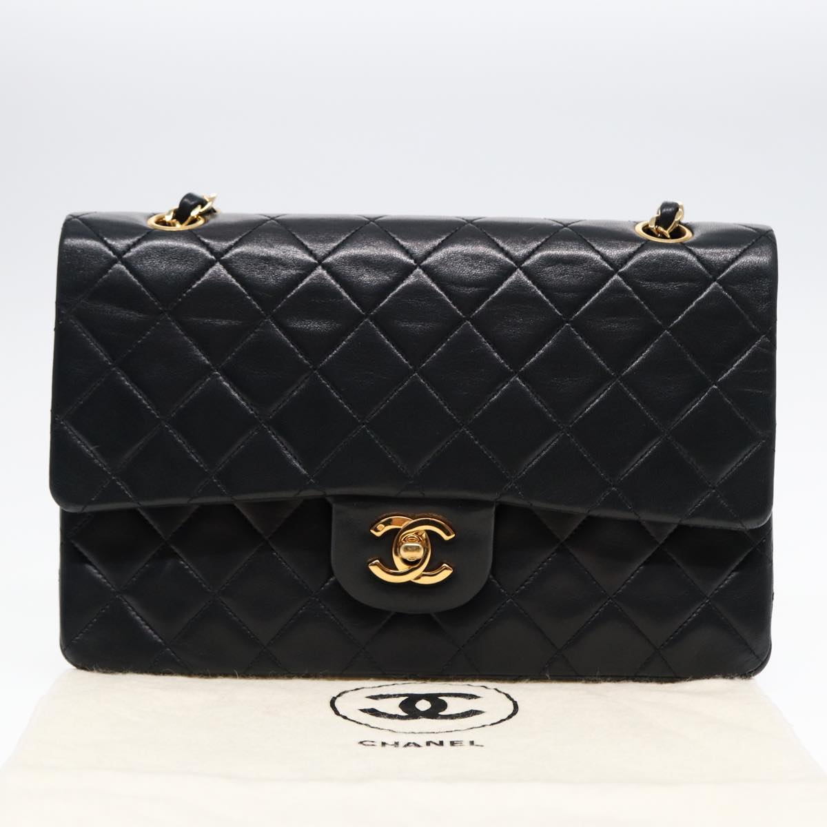 CHANEL Matelasse 25 Turn Lock Chain Bag Lamb Skin Black Gold CC yk14719A