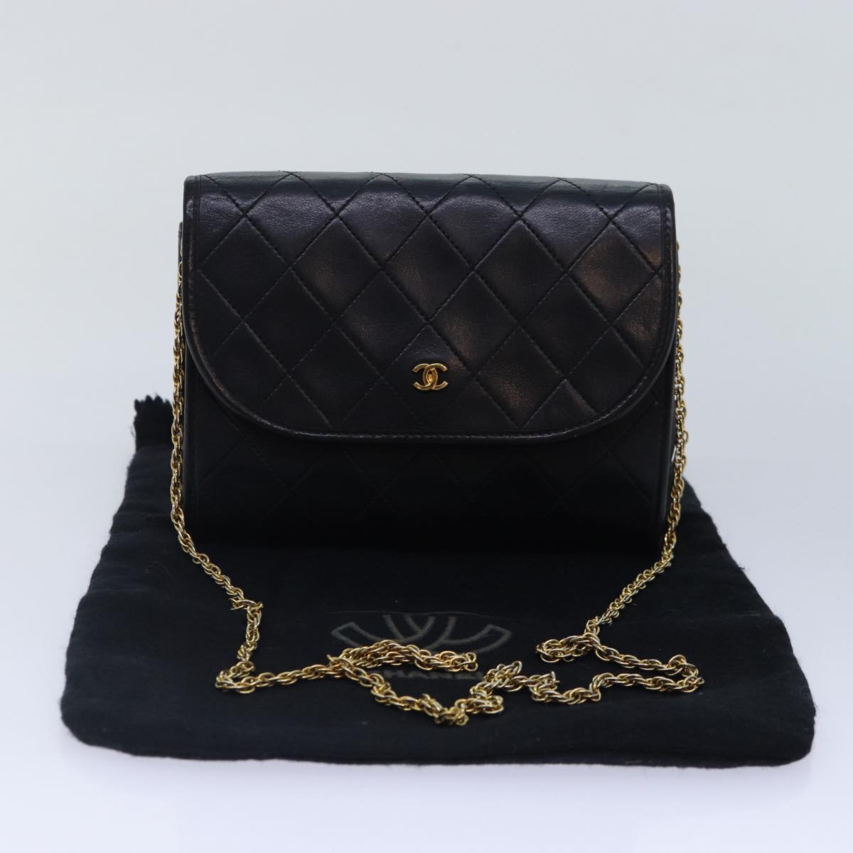 CHANEL Matelasse Chain Shoulder Bag Lamb Skin Black Gold CC yk14739