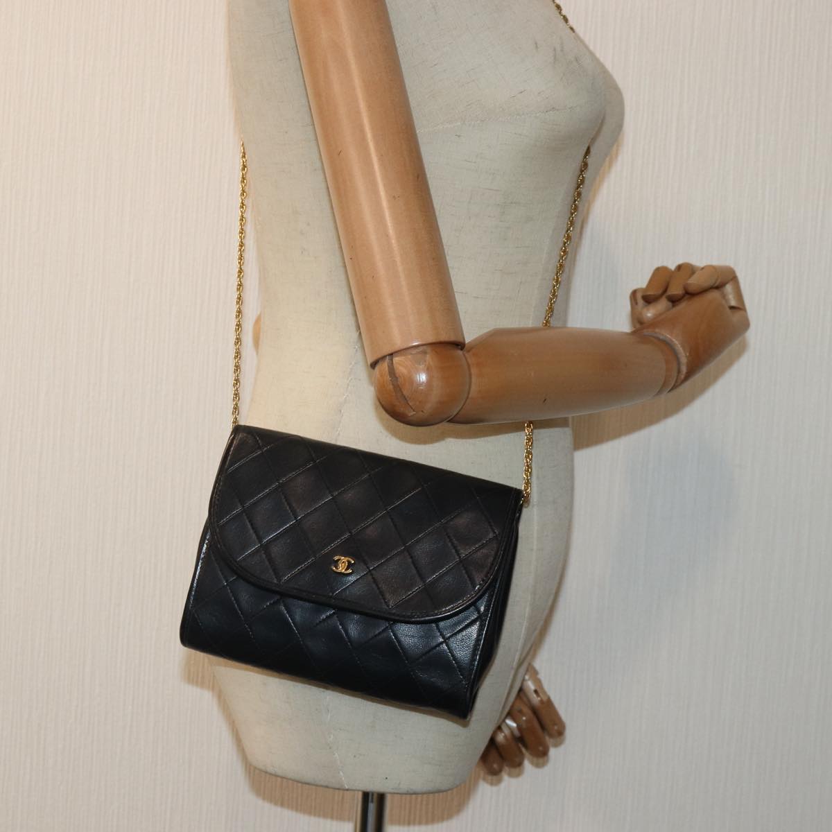 CHANEL Matelasse Chain Shoulder Bag Lamb Skin Black Gold CC yk14739