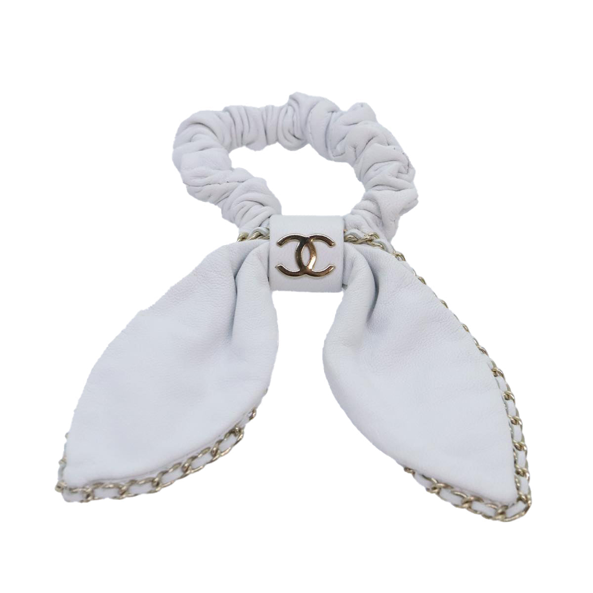 CHANEL COCO Mark Scrunchie Hair clip Lamb Skin White CC yk14744
