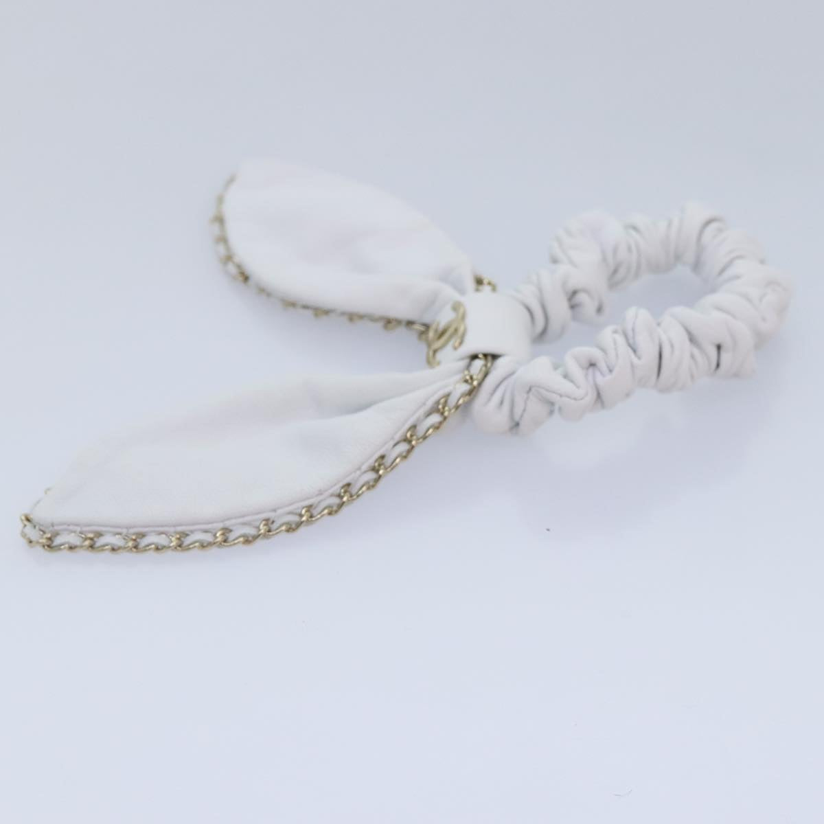 CHANEL COCO Mark Scrunchie Hair clip Lamb Skin White CC yk14744