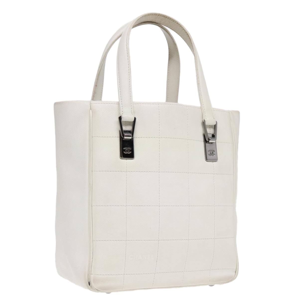 CHANEL Choco Bar Hand Bag Leather White Silver CC yk14765