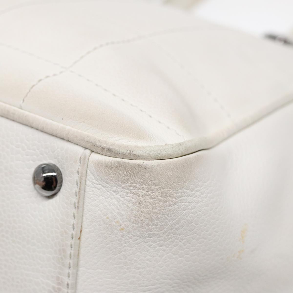 CHANEL Choco Bar Hand Bag Leather White Silver CC yk14765